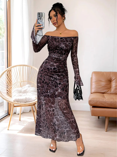 Eva | Olga Vestido Maxi Off-Shoulder Con Patrón De Pantera Karol Firenze