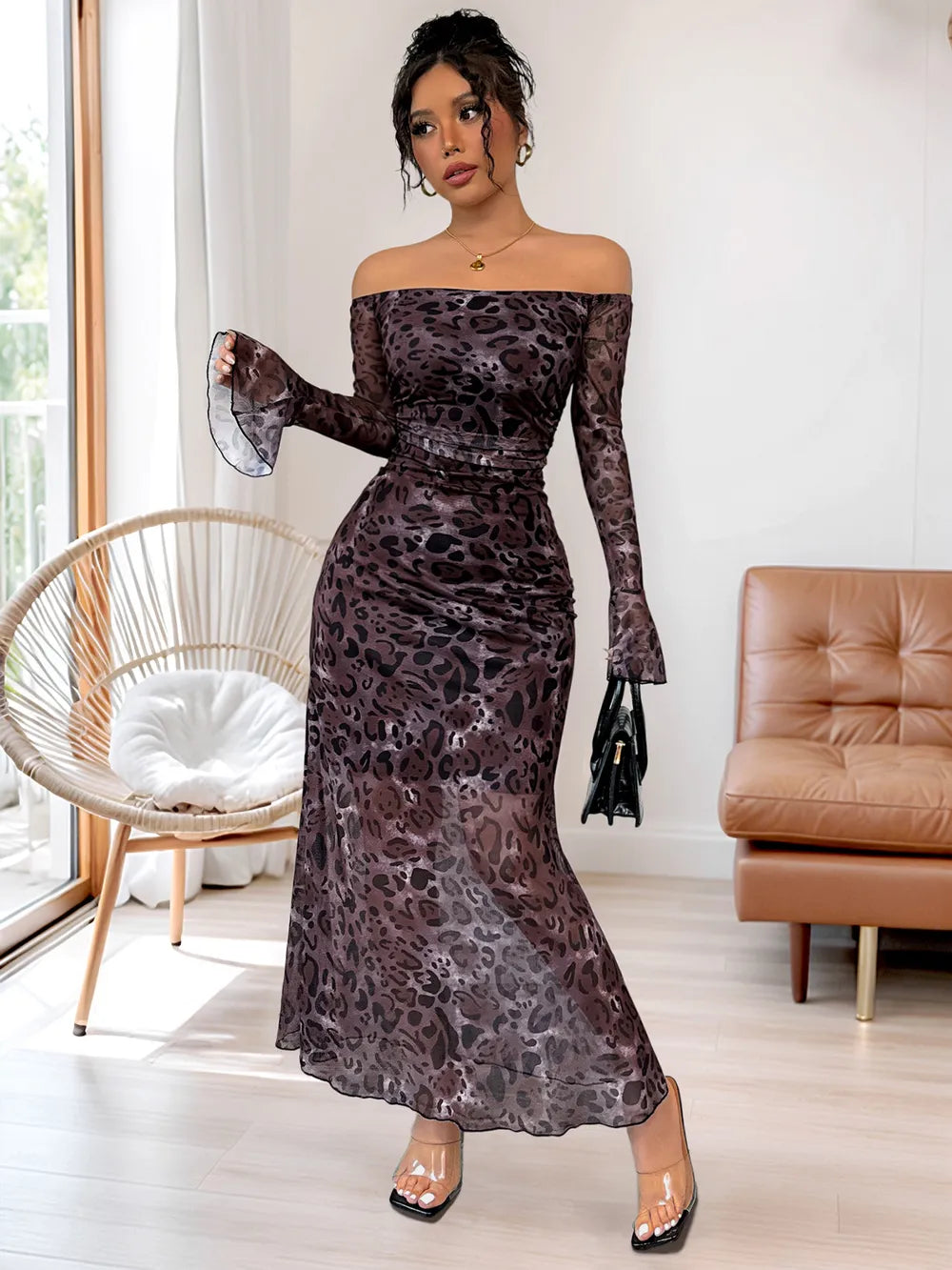 Eva | Olga Vestido Maxi Off-Shoulder Con Patrón De Pantera Karol Firenze