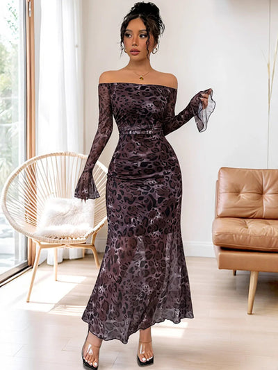 Eva | Olga Vestido Maxi Off-Shoulder Con Patrón De Pantera Karol Firenze