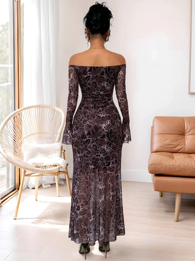 Eva | Olga Vestido Maxi Off-Shoulder Con Patrón De Pantera Karol Firenze