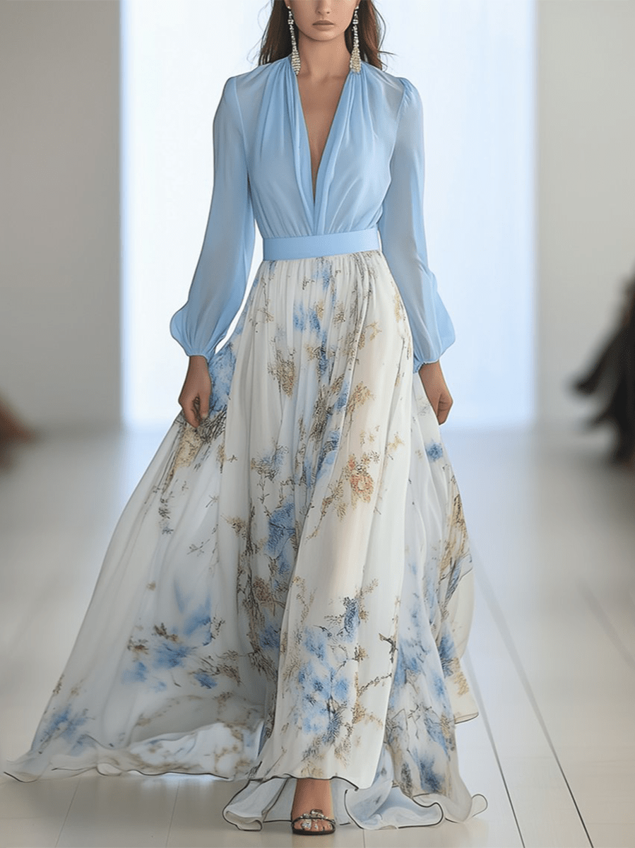 Julia | Vestido Largo Azul Con Estampado Floral Elegante Mijn winkel