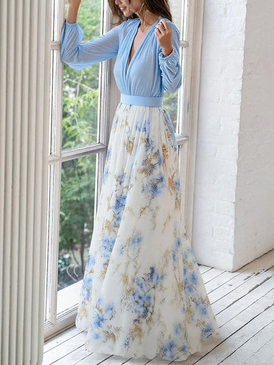 Julia | Vestido Largo Azul Con Estampado Floral Elegante Mijn winkel
