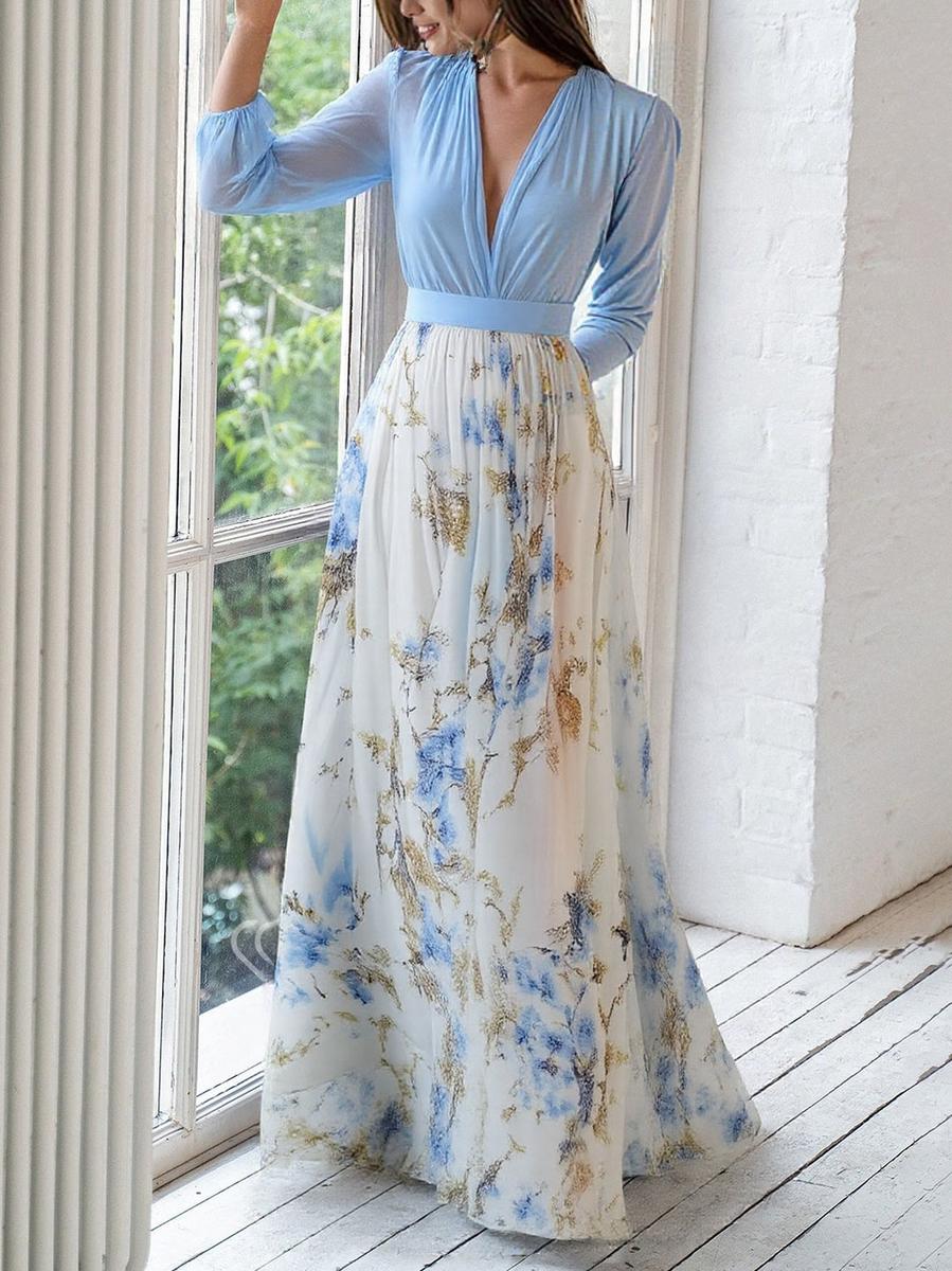 Julia | Vestido Largo Azul Con Estampado Floral Elegante Mijn winkel