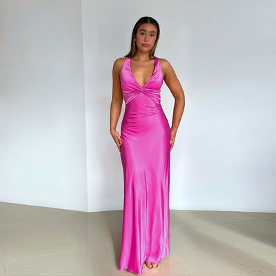 Elena | Alessara Vestido Maxi Satinado Con Espalda Descubierta Karol Firenze